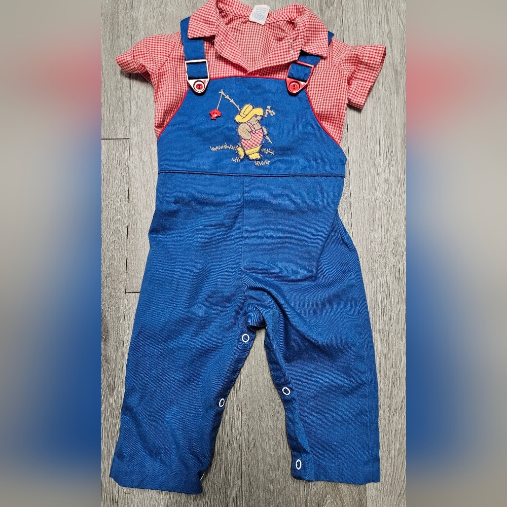 Vintage Paddington Bear Blue Overalls Red White Check Shirt Size 18 Months 1976